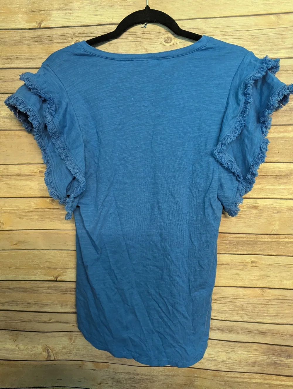 Belle Beach By Kim Gravel Blue Fringe Sleeve V-Neck Top Women’s XS Cotton Modal - Picture 4 of 4